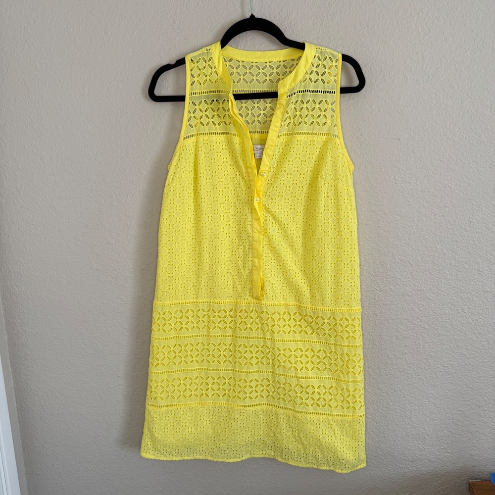 Womens 4 Yellow Cotton Preppy Eyelet Shift Dress Coastal Cover Up Cottage Resort